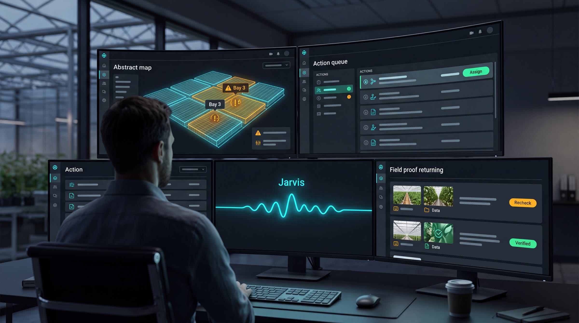 Manager seated at an AR-Ag command center with greenhouse map, action queue, Jarvis, and field proof returning