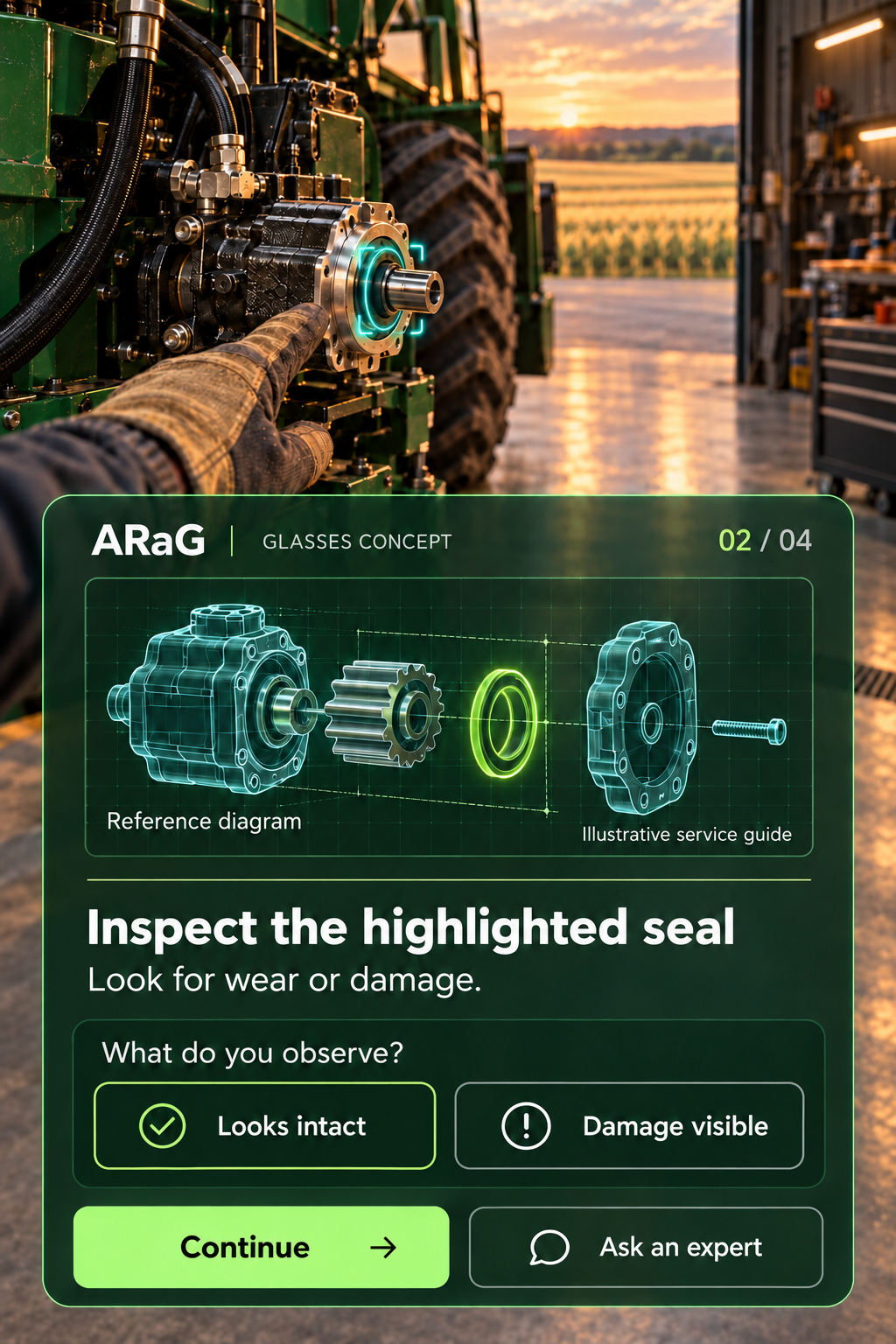 ARaG product concept showing equipment identification, AI guidance and a reference diagram