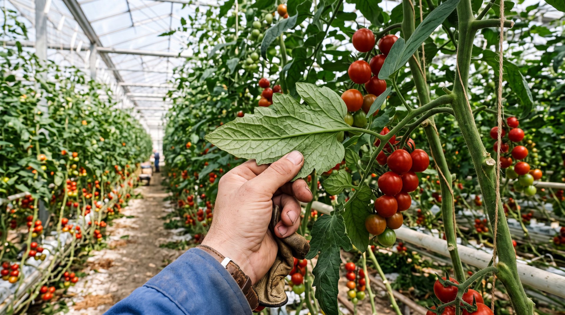 Commercial greenhouse rows fading into the distance