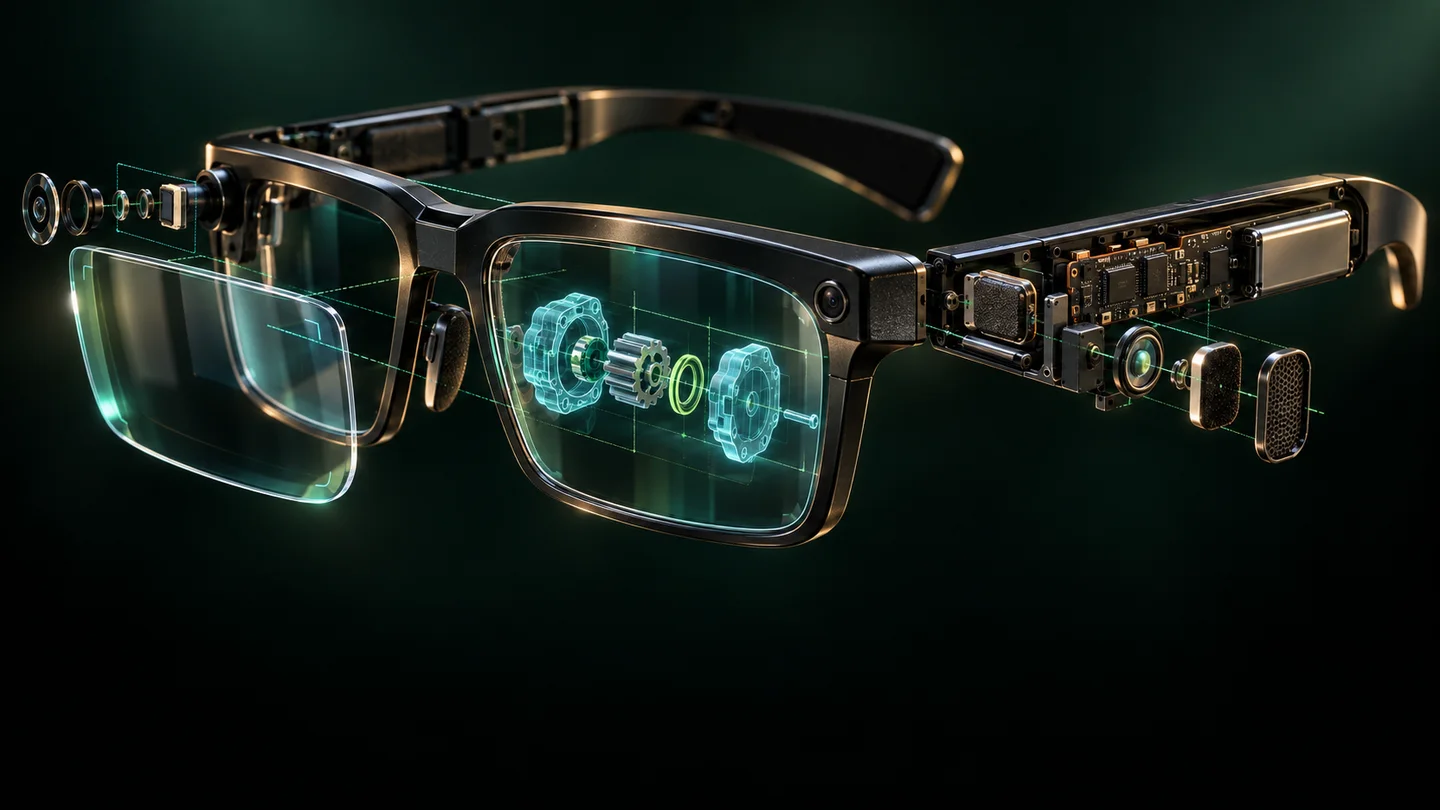 Concept illustration of display glasses and their components