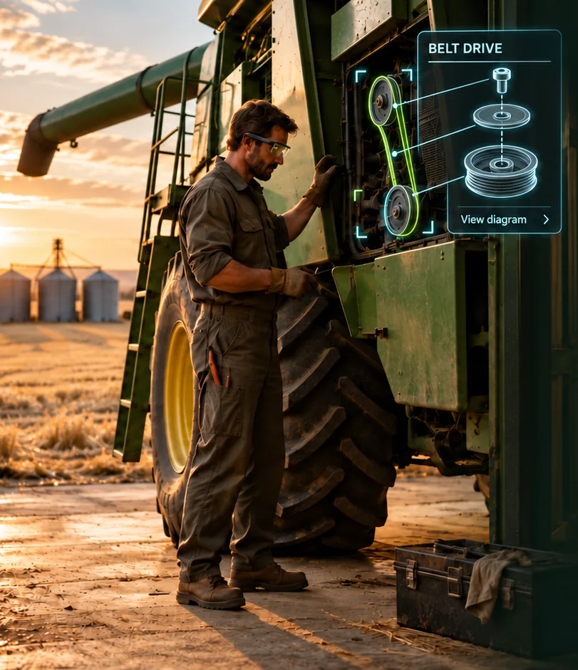Concept: a farmer wearing glasses sees a highlighted machine component and an exploded reference diagram