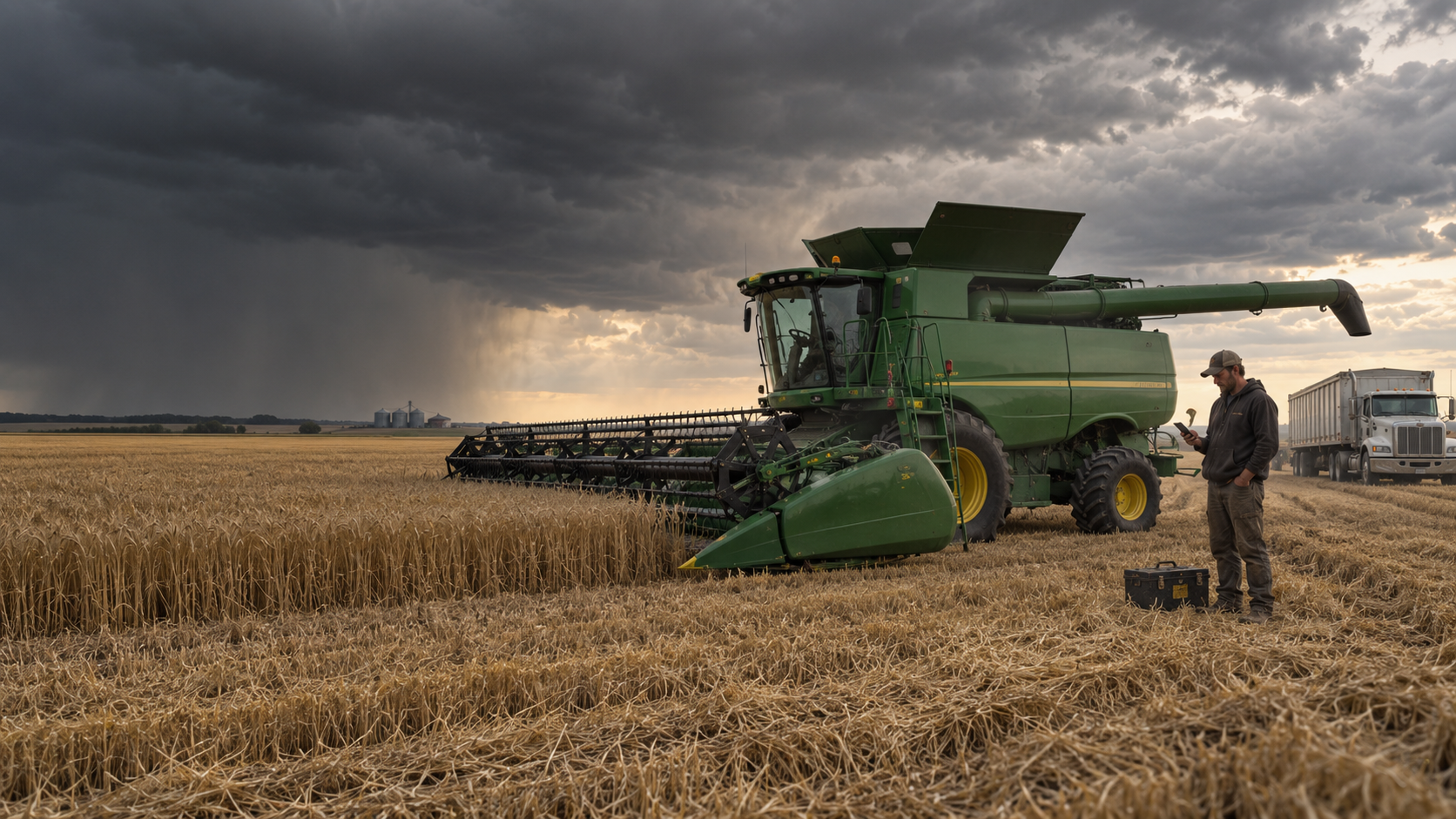 Concept illustration: a farmer beside a stopped combine, with a waiting truck and storm clouds overhead